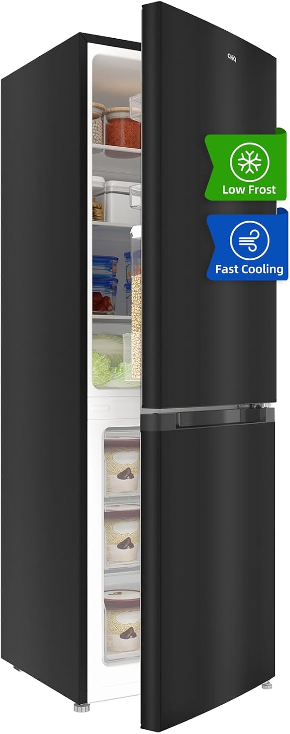 CHIQ CBM159LEBD Freistehender Kühlschrank mit Gefrierfach | Kühl-Gefrierkombination 144 cm Höhe, 47 cm Breit, 157L(109L/48L) | Low Frost | 152 kWh/Jahr | LED Litcht | | Schwarz Inox