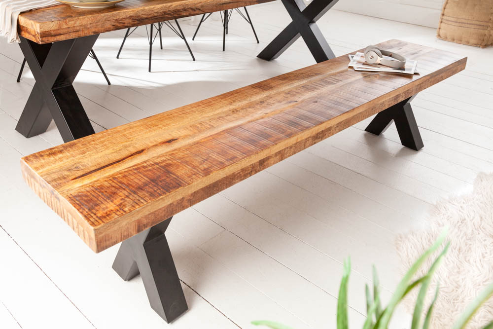 Industrial Sitzbank IRON CRAFT 200cm Mangoholz mit schwarzen X-Beinen