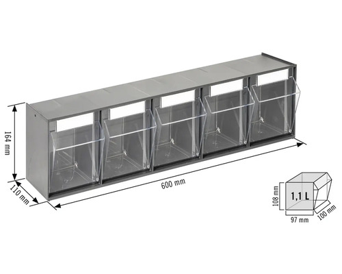 INDUSTRIEEL klein materiaalmagazijn, 5 compartimenten, 60 x 16,4 x 11 cm, antraciet