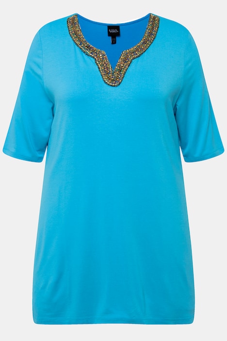 Shirt-Tunika, Stickerei, Tunika-Ausschnitt, Halbarm