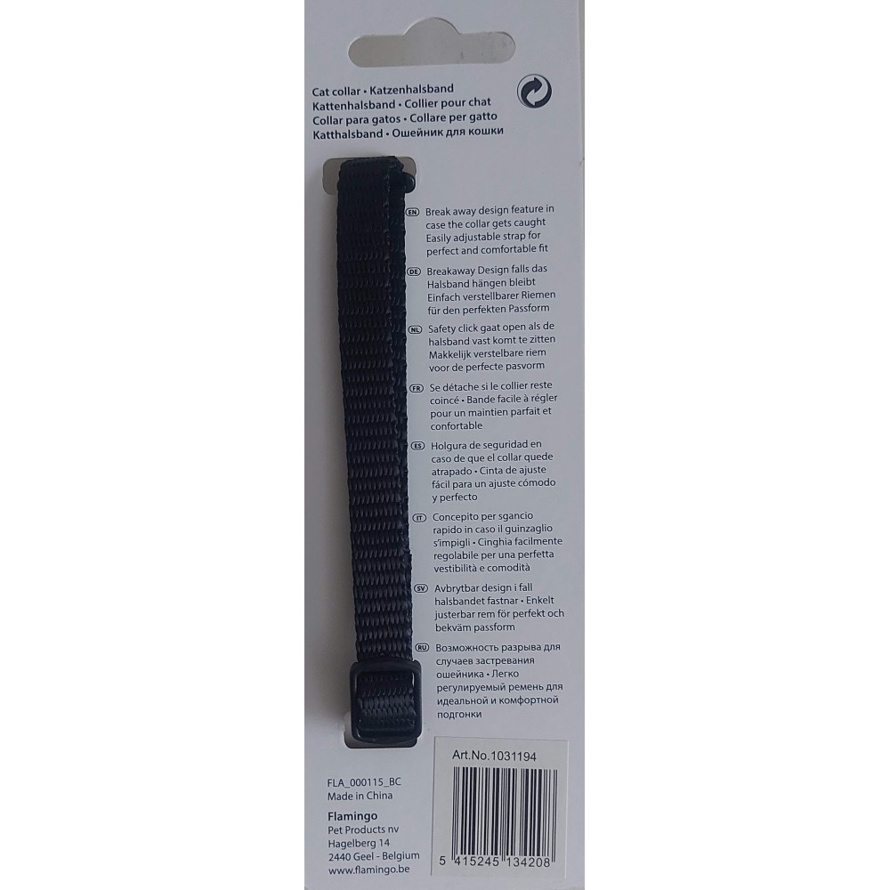 Collier réglable de 19 à 30 cm. Noir avec clochette. Pour chat
