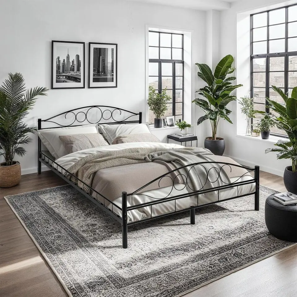 tectake Metalen bed met lattenbodem in romantisch ontwerp, Zwart/zwart