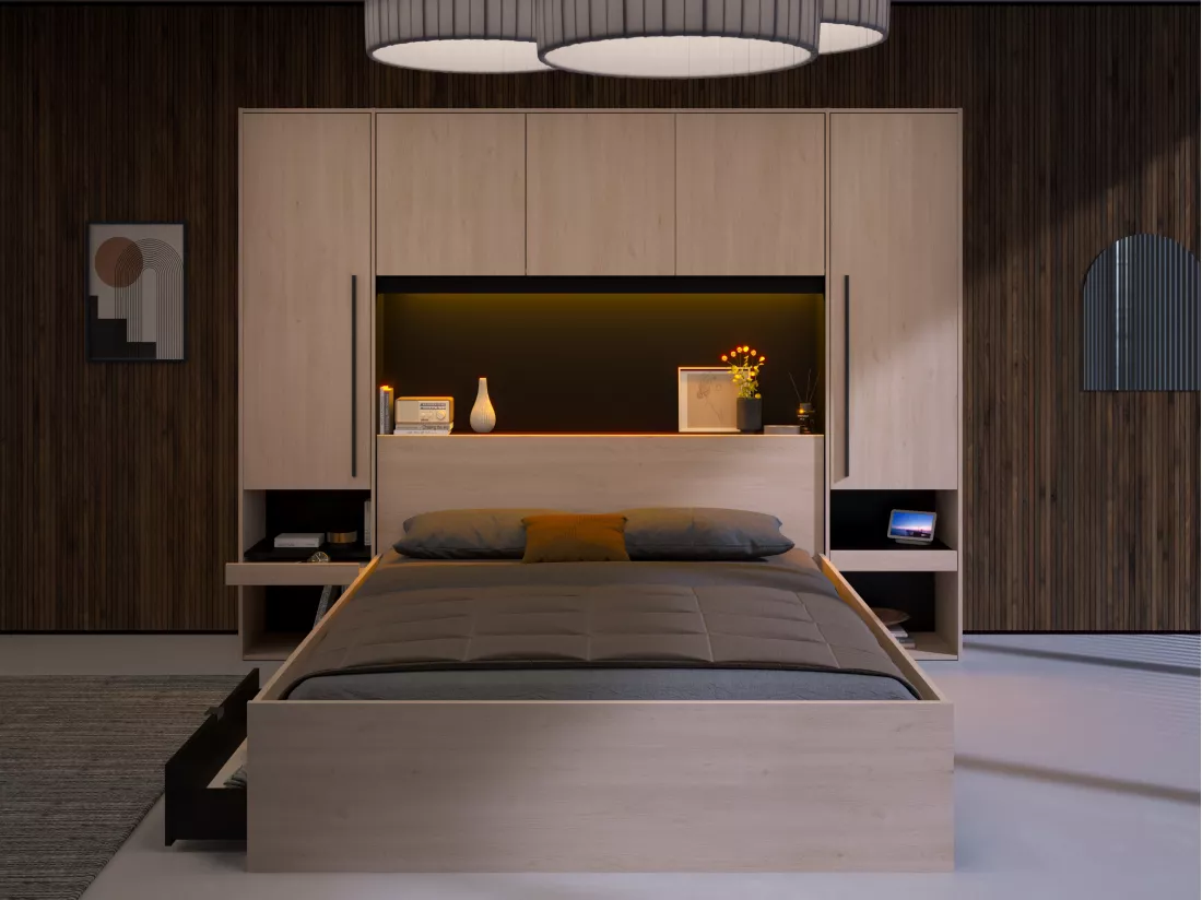Lit pont 160 x 200 cm avec rangements - Avec LEDs - Coloris : Naturel et noir - VELONA