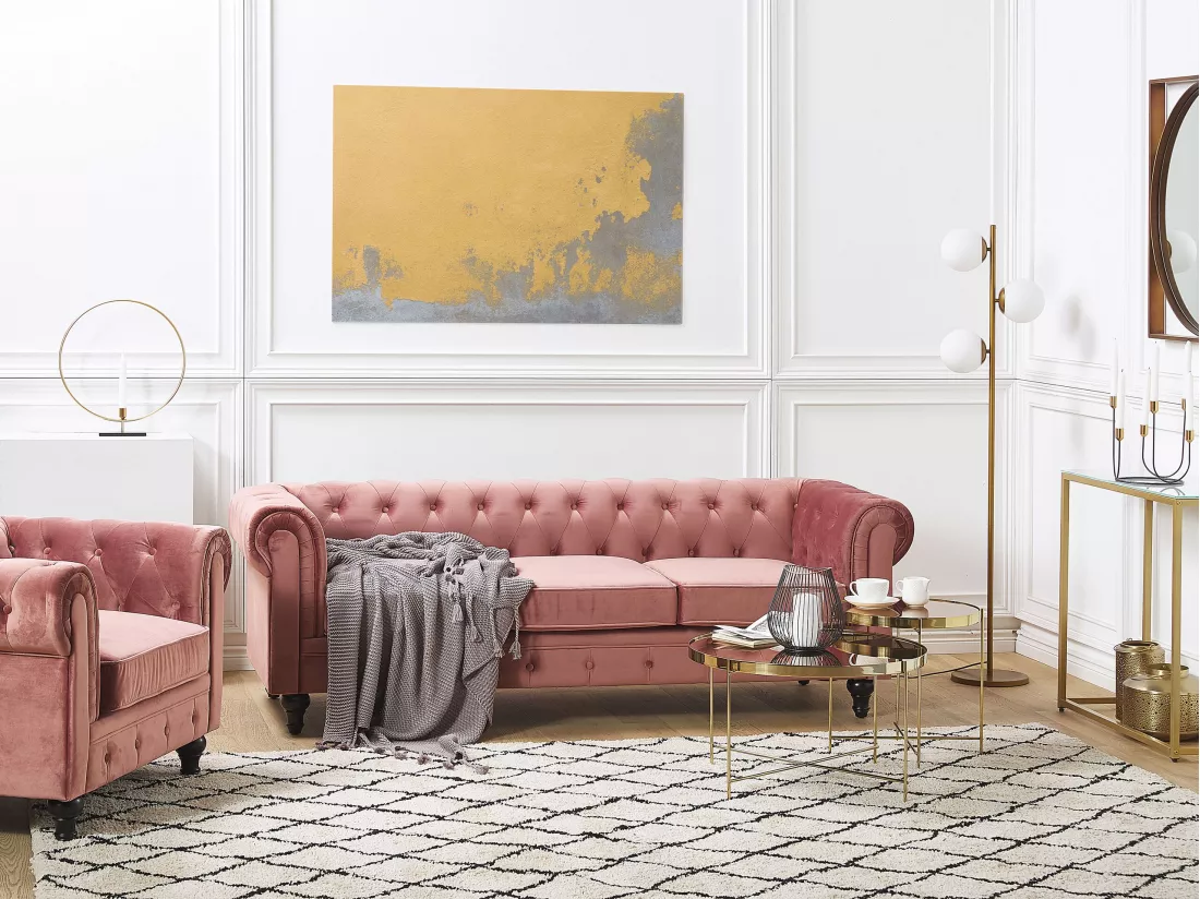 Ensemble canapé et fauteuil en velours rose 4 places CHESTERFIELD