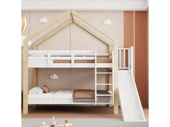 Lits Superposés 2x90x200cm avec toboggan - lit cabane - cadre de lit en bois massif - Blanc+Naturel