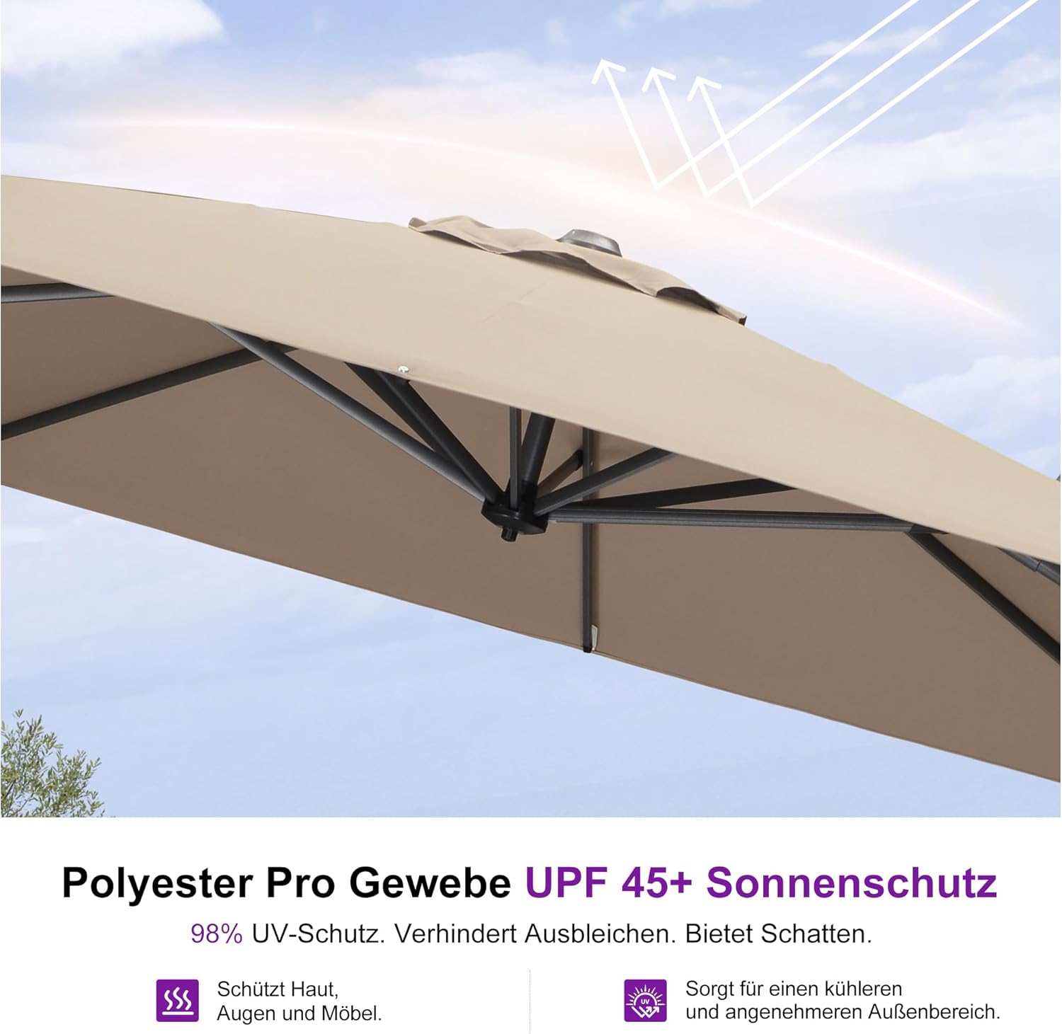 PURPLE LEAF Sonnenschirm 300 x 300 cm, Aluminium Ampelschirm mit Kurbel, Gartenschirm mit Kreuzsockel, 360° Rotation, UV-Schutz, für Terrasse, Balkon, Taupe