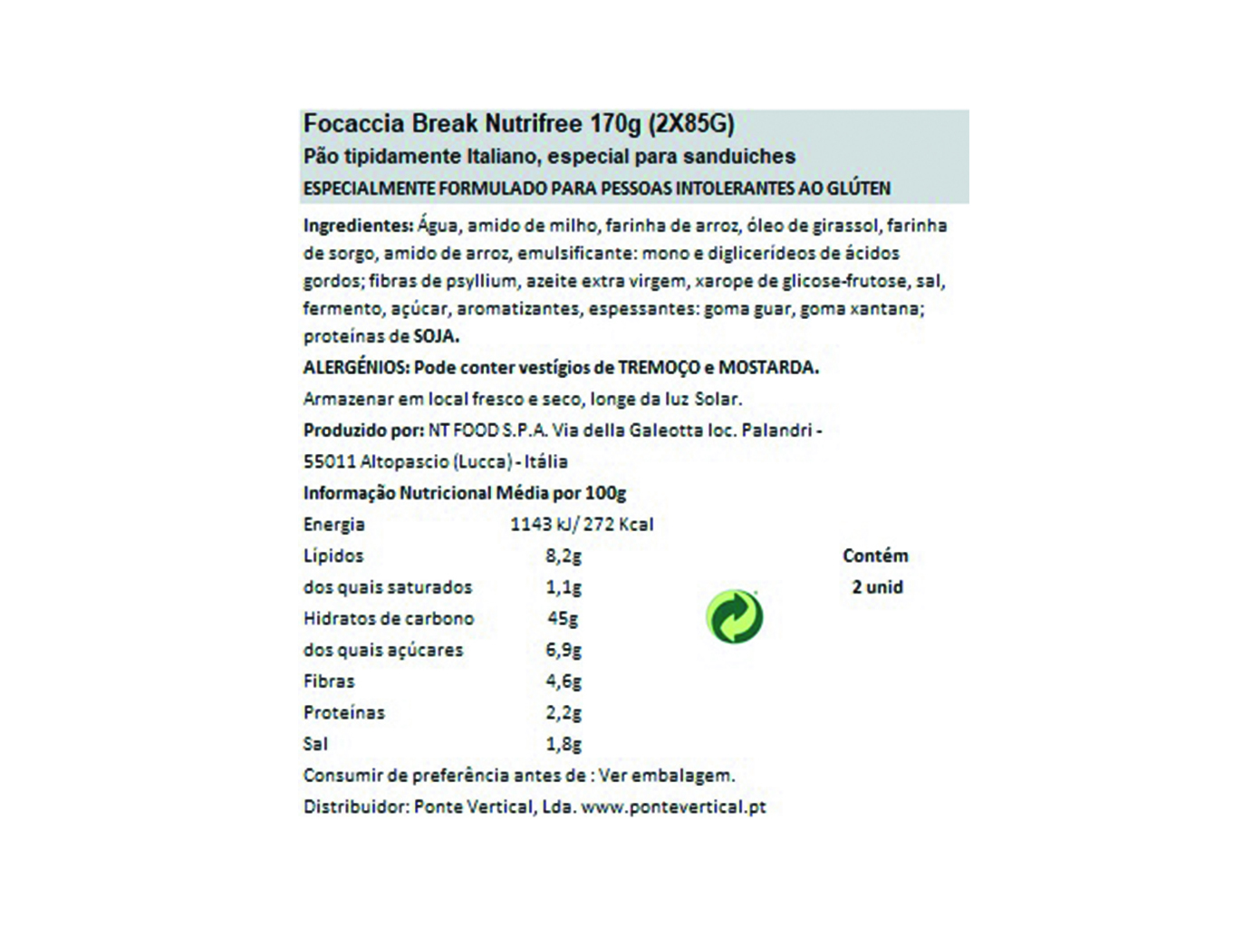PÃO FOCACCIA NUTRIFREE SEM GLÚTEN 170G