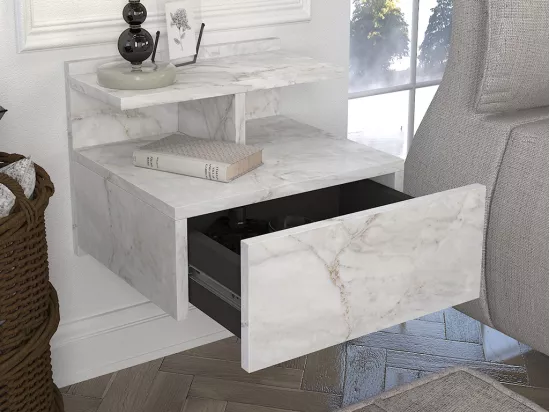 Table de chevet suspendue - 1 tiroir - Effet marbre blanc - AZELNO
