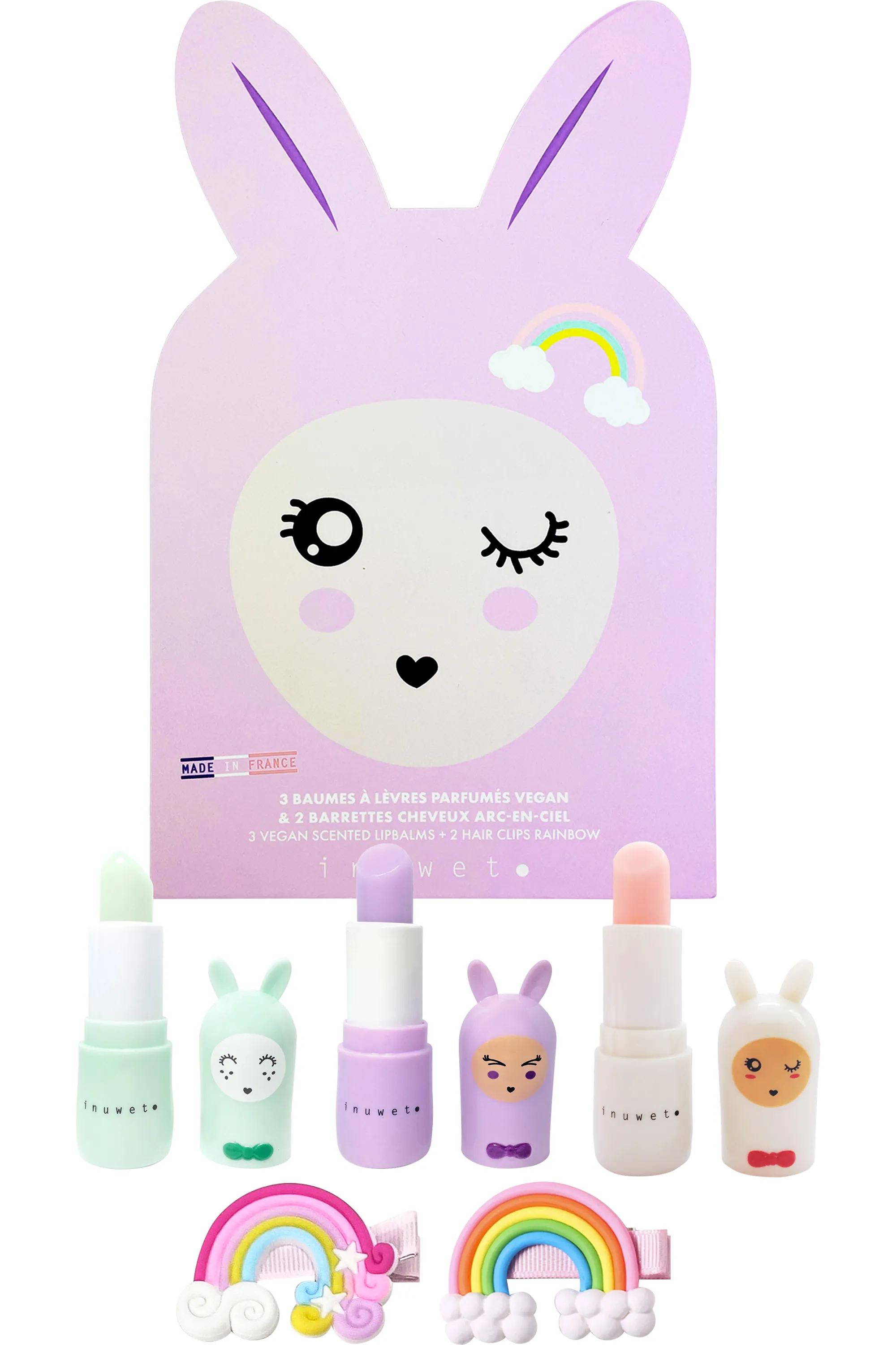 Inuwet (In Unicorn We Trust) Coffret enfant Lapin avec 3 baumes à lèvres + 2 barettes