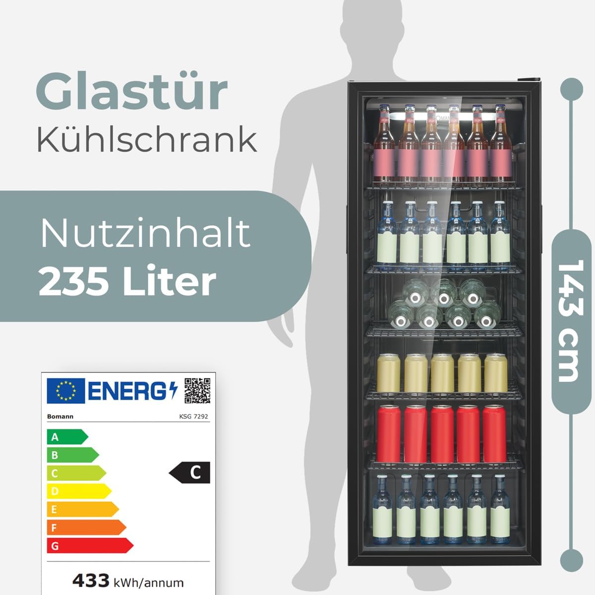 Bomann® Kühlschrank mit Glastür | Energieklasse C | 143cm | Getränkekühlschrank 2-12°C | MultiAirflow | 5 Gitterablagen | Türanschlag wechselbar | 236L | Flaschenkühlschrank | KSG 7292 schwarz