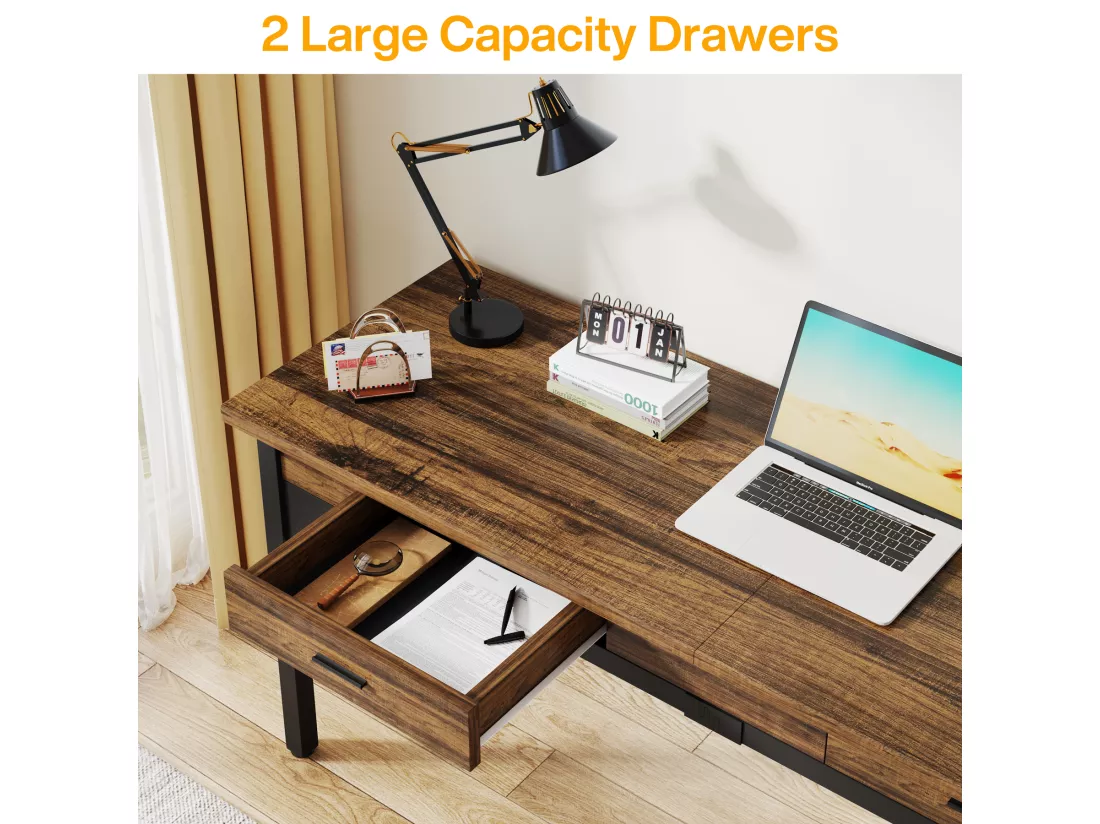 Bureau Informatique, Table d’étude, Double Bureau Long avec 2 Schubladen, 200 x 60 x 82 cm, Marron Rustique
