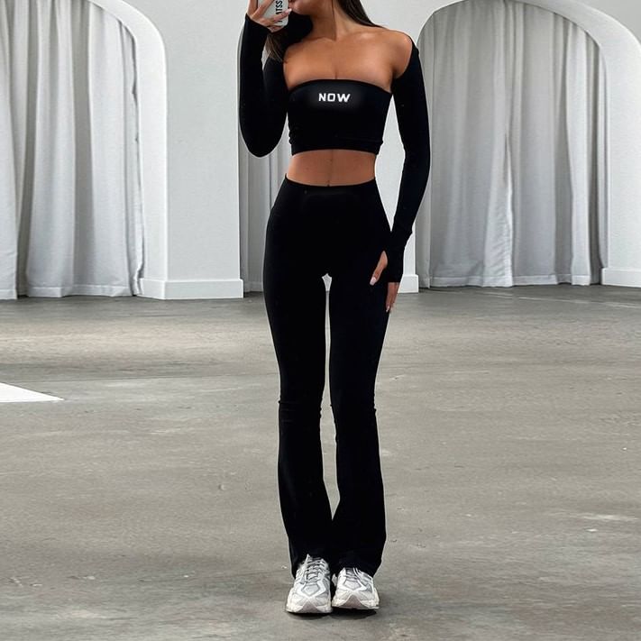 Alizio - Set: Crop top met letterprint + lange mouwen, effen open bolero + high waist flared broek