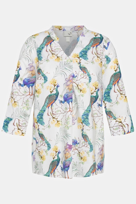 Bluse, Pfauen, Stehkragen, V-Ausschnitt, 3/4-Arm