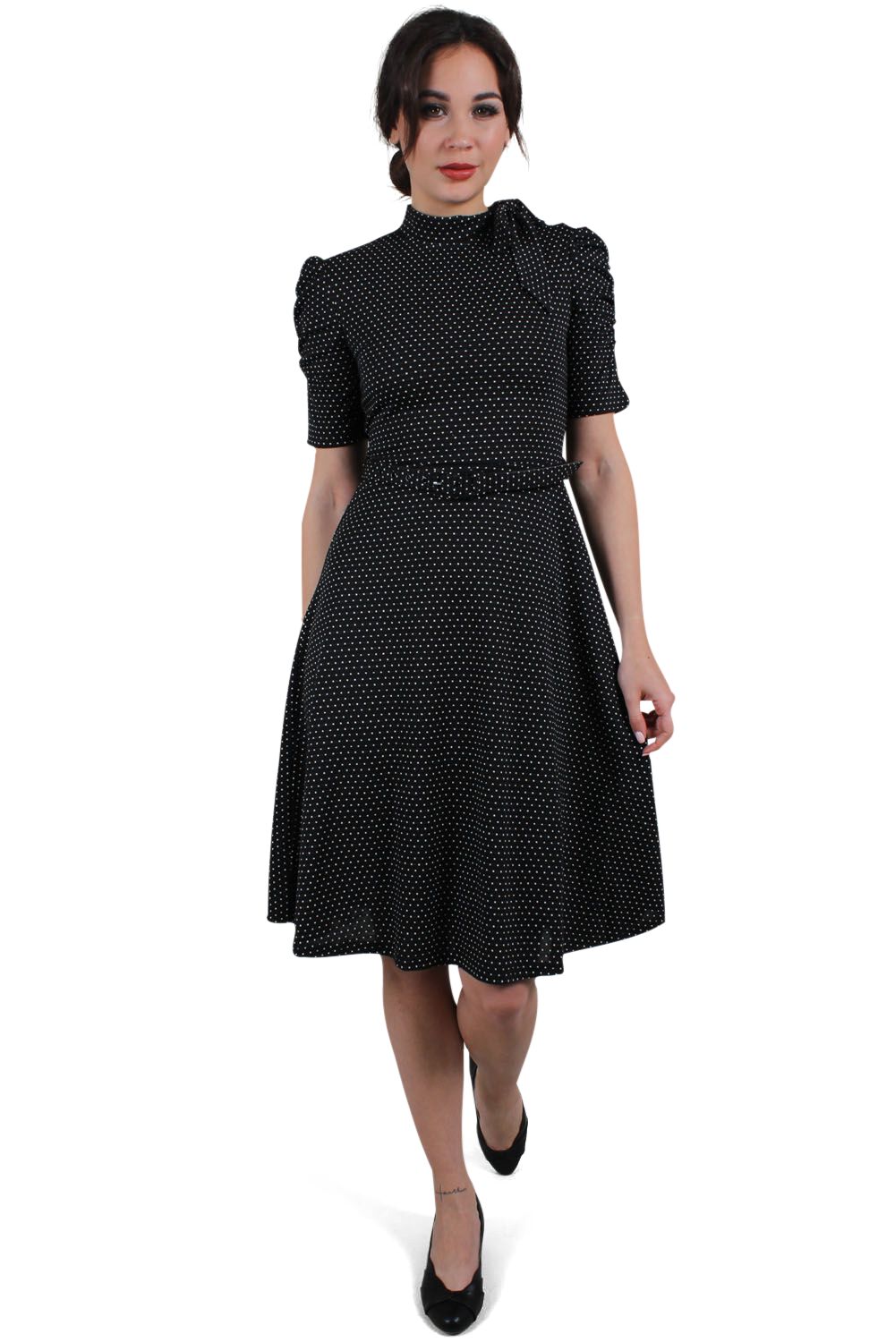 Robe Nœud Au Col Noire Pois Posie | Voodoo Vixen Robe mi-longue