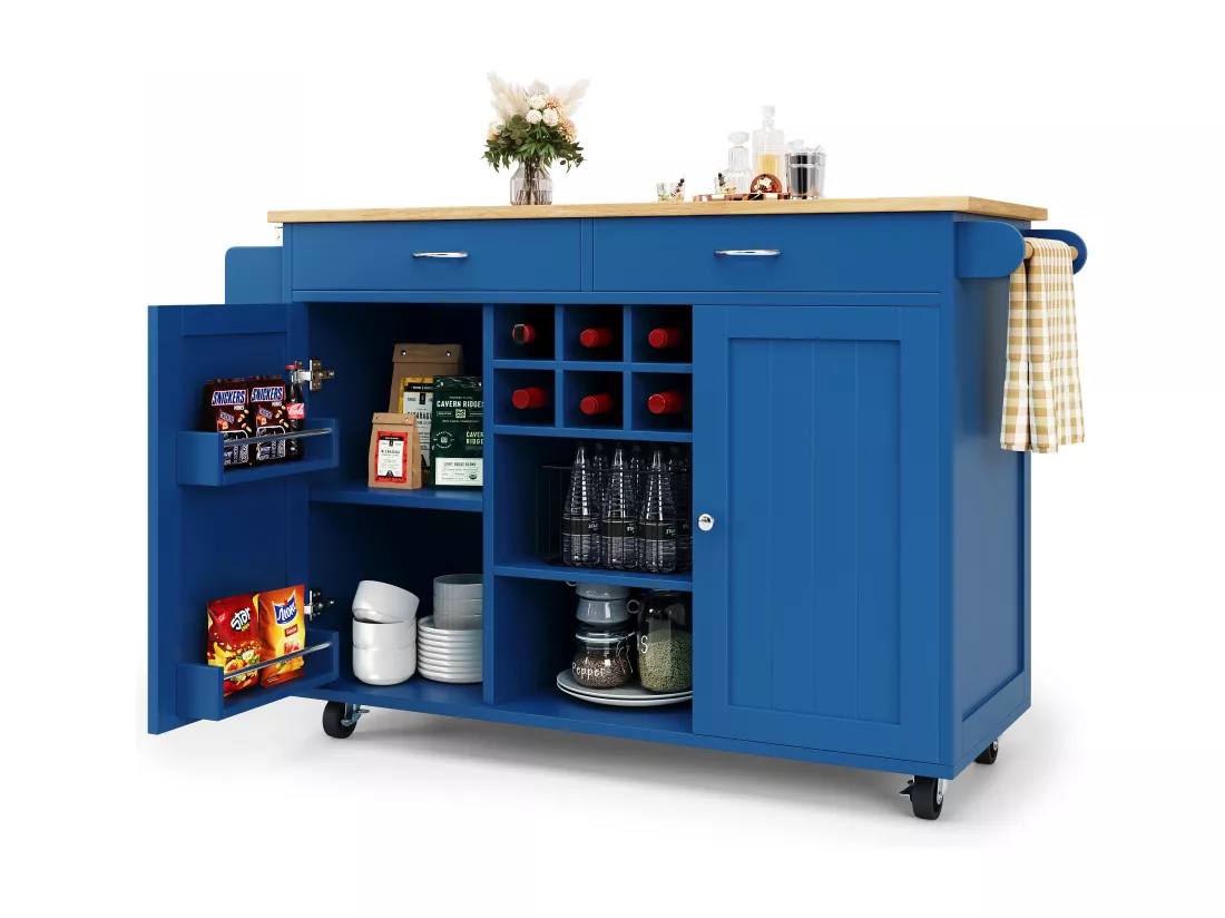 Ilot central de cuisine mobile avec 2 tiroirs, 2 portes et casier à vin 6 bouteuille - 102x45x92cm - MDF et métal - Bleu