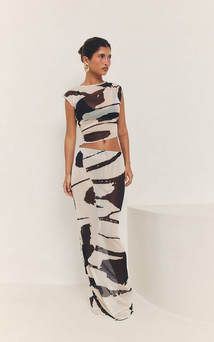 Monochrome Haut Court En Mesh Imprimé Asymétrique Ensemble Coordonné
