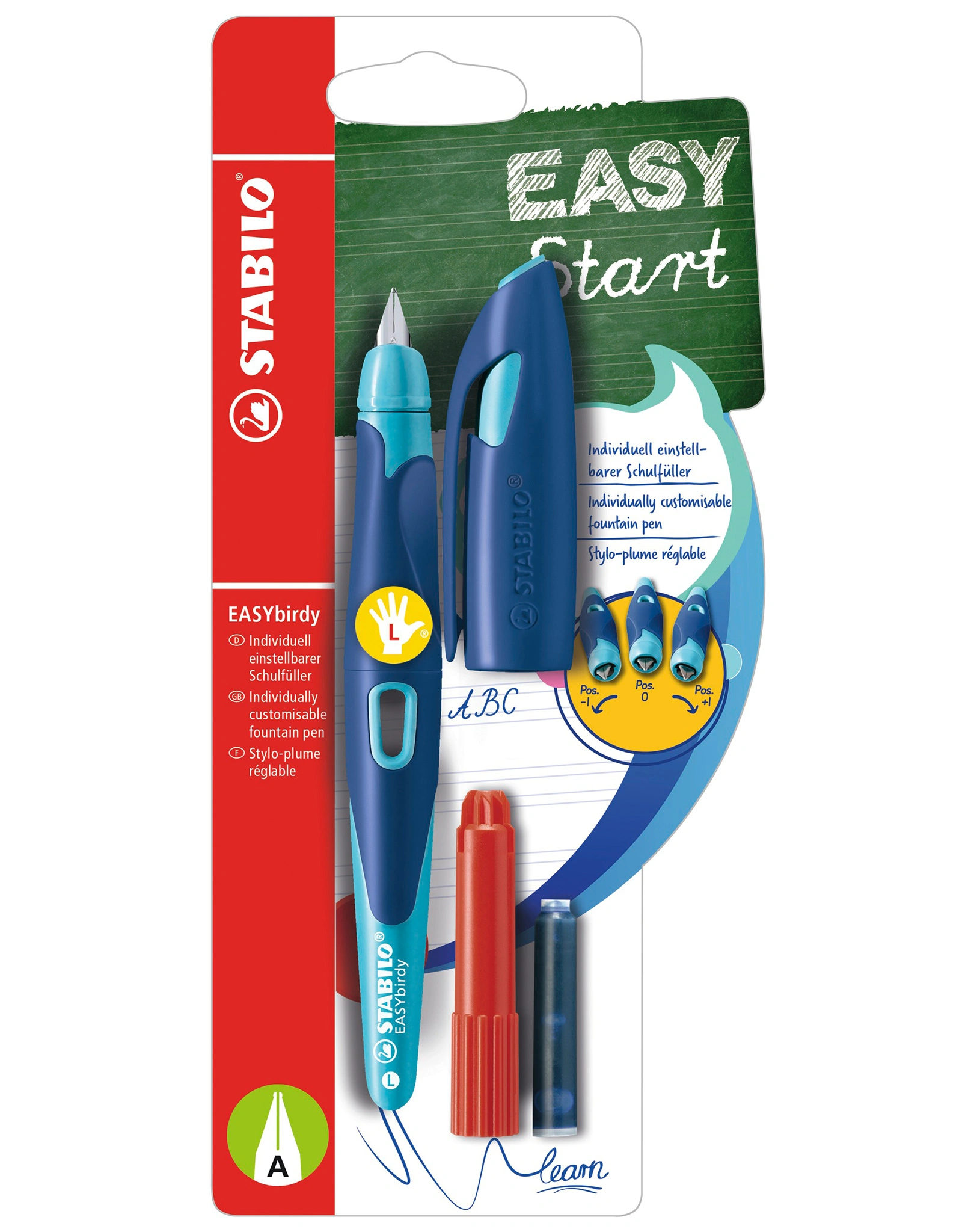 Schulfüller STABILO® EASYbirdy Feder A für Linkshänder in mitternachtsblau/azur
