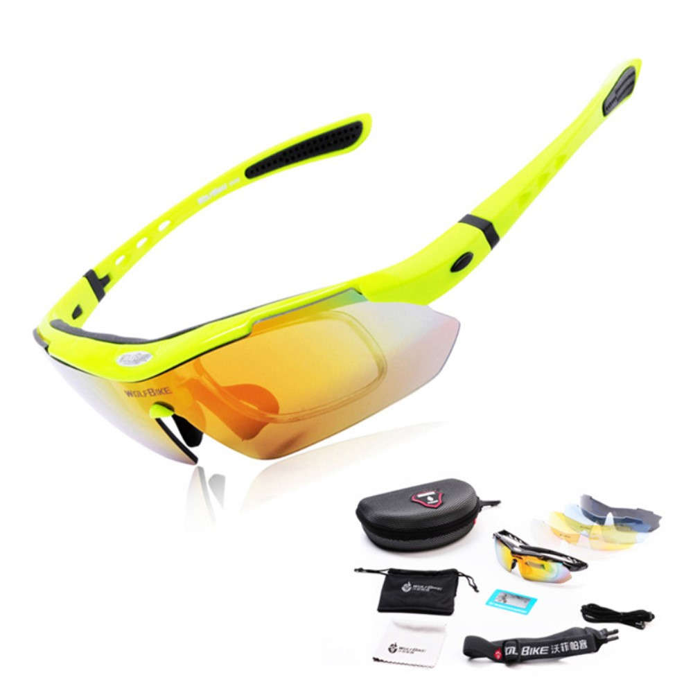 Wolfbike - Polarisierte Sportbrille Fahrrad Sonnenbrille inkl. 5 Wechselgläser   Etui - Gelb