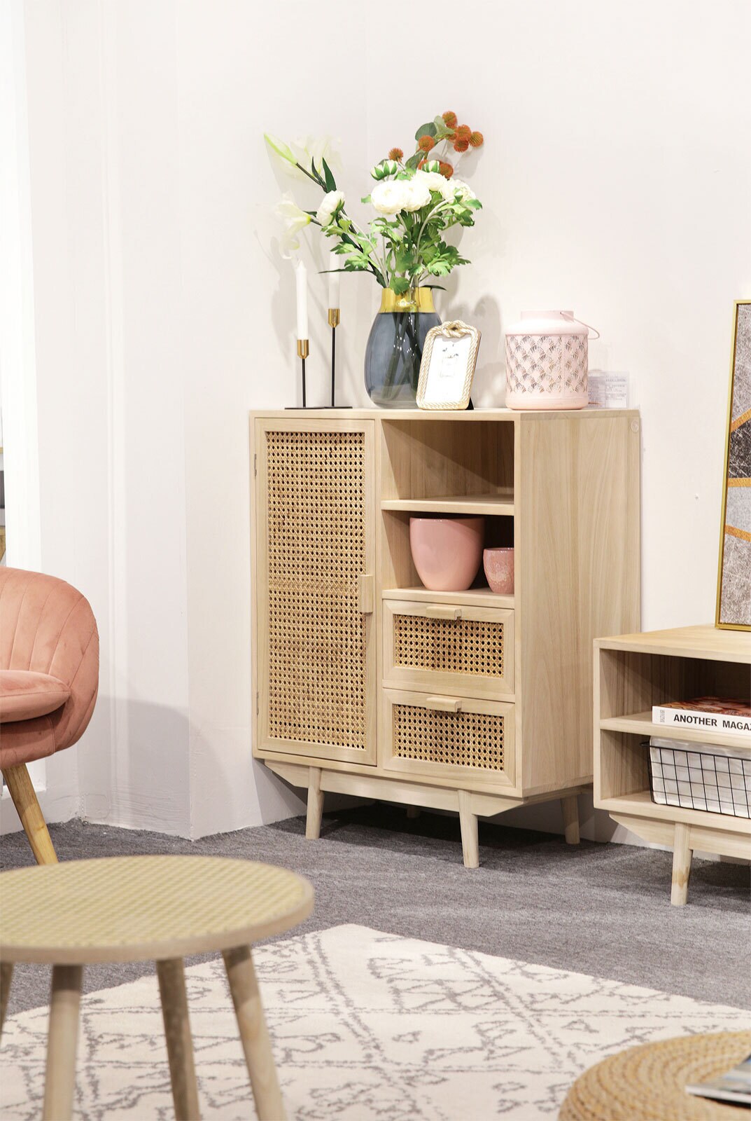 Highboard 70 x 85 cm Braun/ Rattan