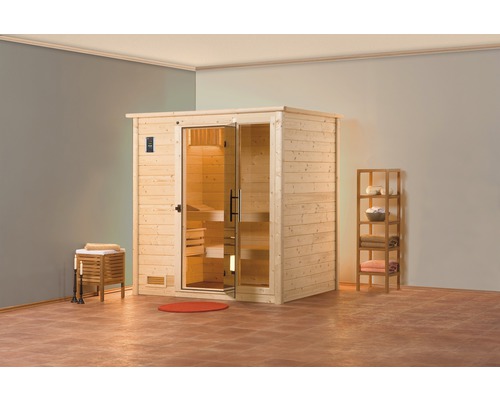 Massief houten sauna Weka Bergen GFT Gr.1 incl. 7,5 kW kachel en digitale bediening met venster en grafietkleurige volledig glazen deur