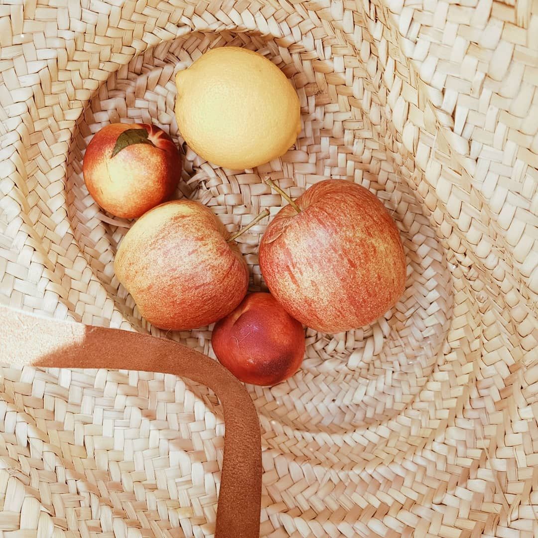 Boodschappentas, palmblad, lang lederen hengsel