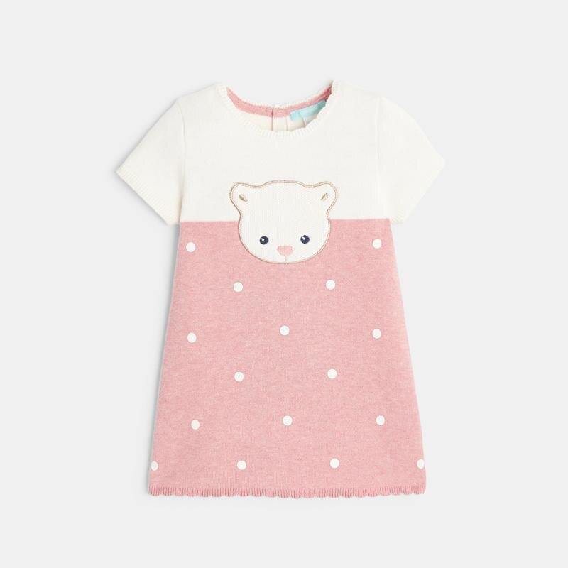 Robe pull maille tricot ours brodé bébé fille Rose