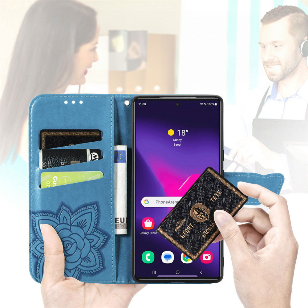Samsung Galaxy S25 Ultra Leder Tasche Flip Cover Schmetterlinge Imprint - Blau
