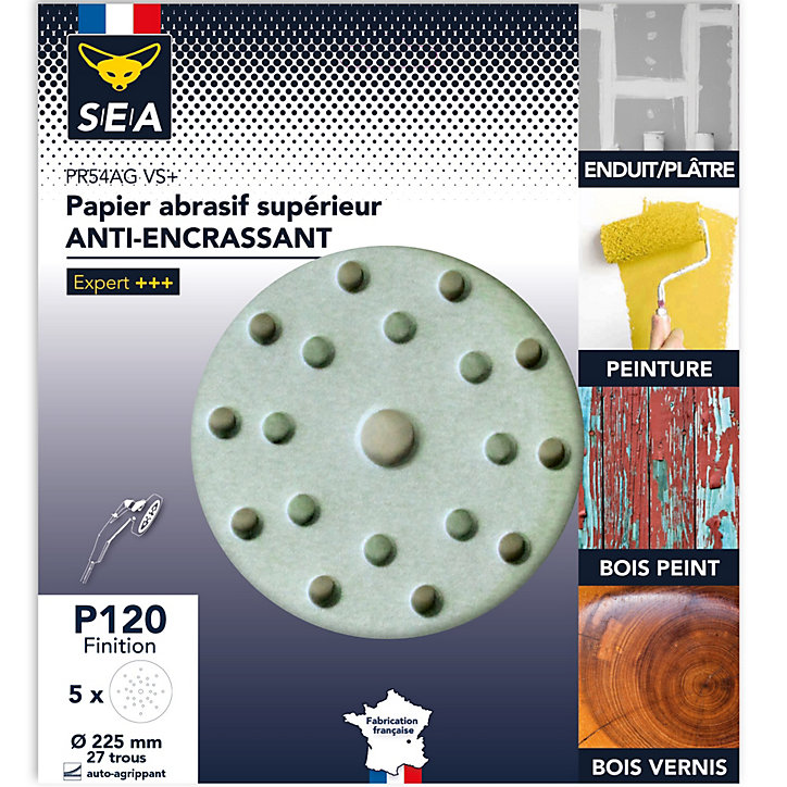 Papier abrasif corindon ø225 mm grain 120 anti-encrassement, lot de 5