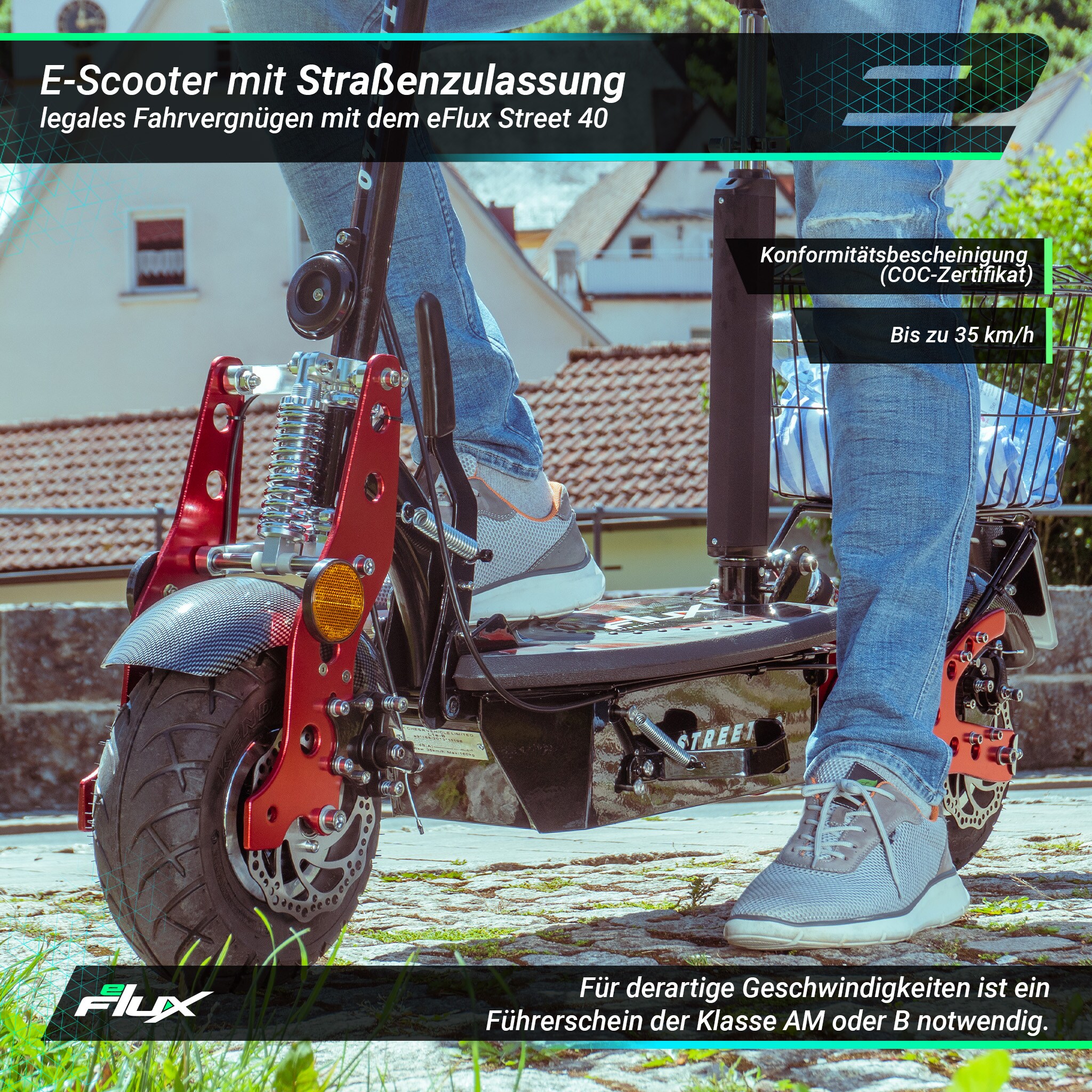 eFlux Street 40, E-Scooter mit Straßenzulassung, 35 km/h, 800 Watt, mit Sitz, Gepäck-Korb, klappbar (Schwarz)