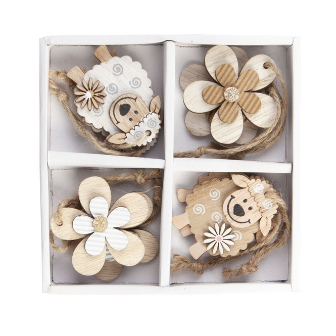 Dekohänger - Blume und Schaf - aus Holz - ca. 5 cm - 8 Stück