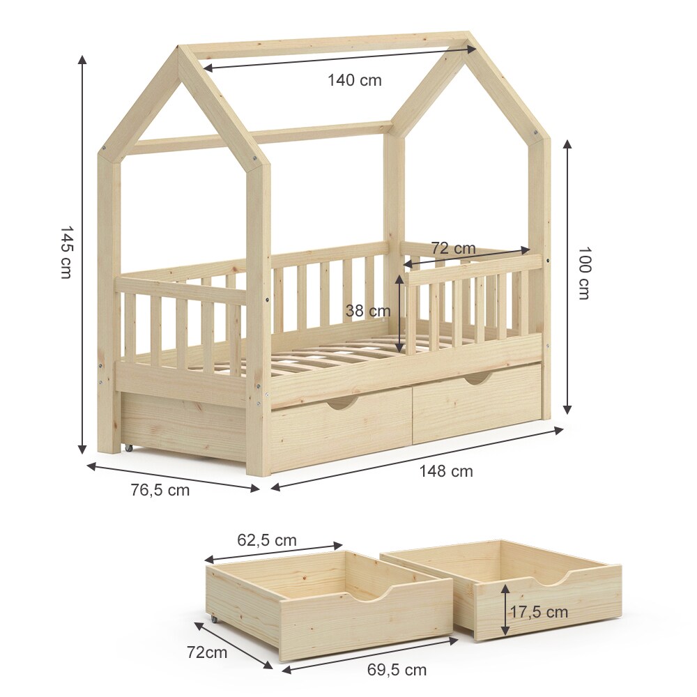 VitaliSpa Kinderbett Hausbett Spielbett Wiki 70x140 inkl Lattenrost 2 Schubladen