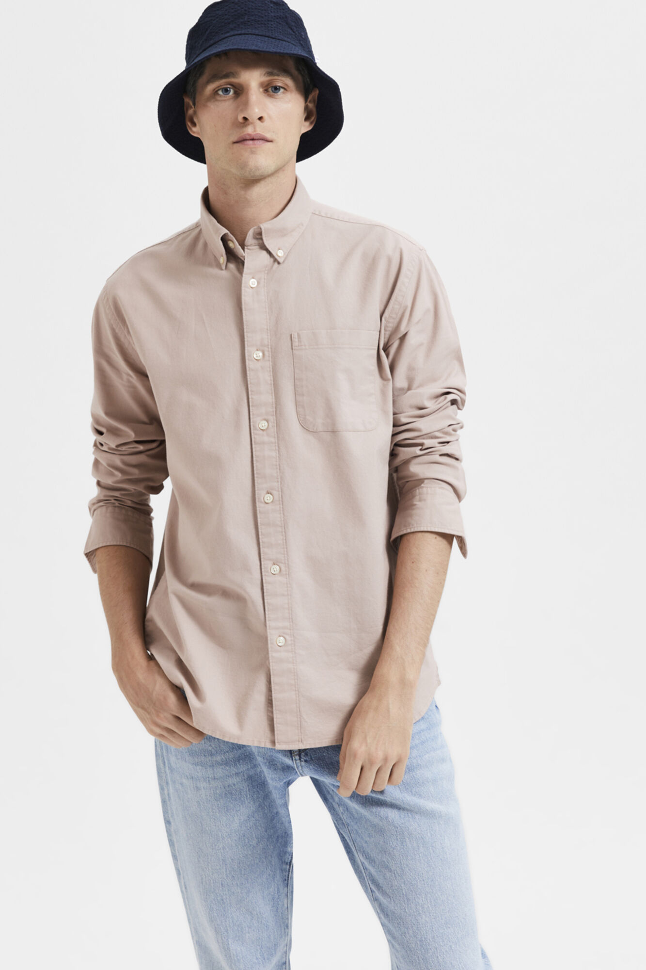 Camisa de manga comprida com bolso, 100% algodão - Cinza