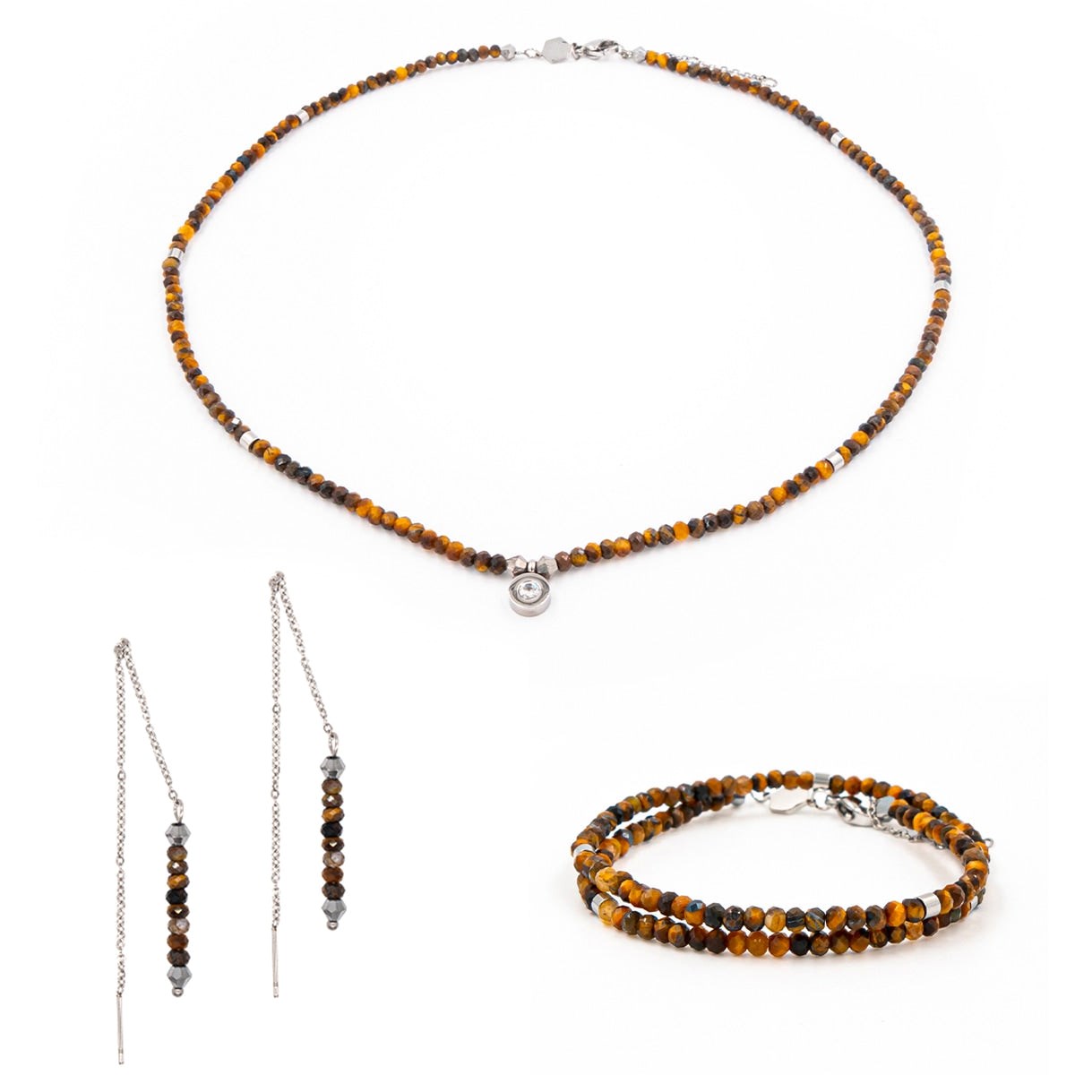 Collier, bracelet et boucles d'oreilles Lumia en pierres Oeil de Tigre