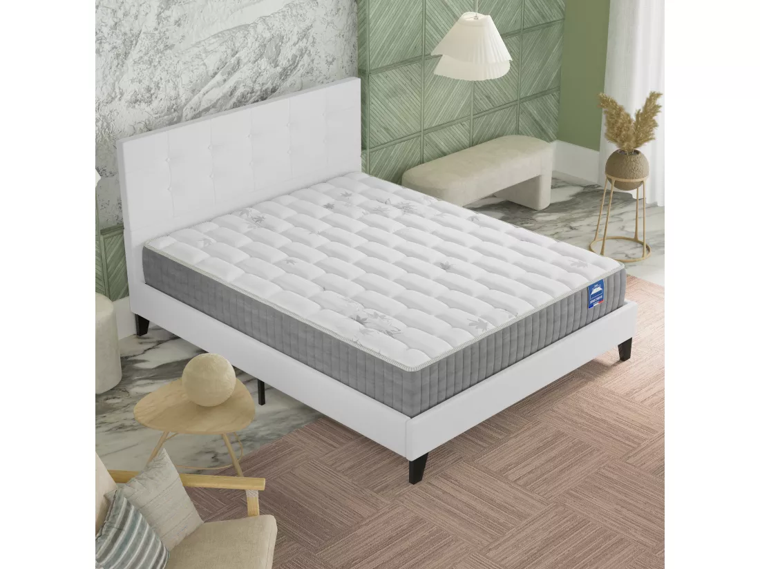 Ensemble Matelas + lit avec tête de lit 140x190 cm ép. 25cm à mémoire de forme