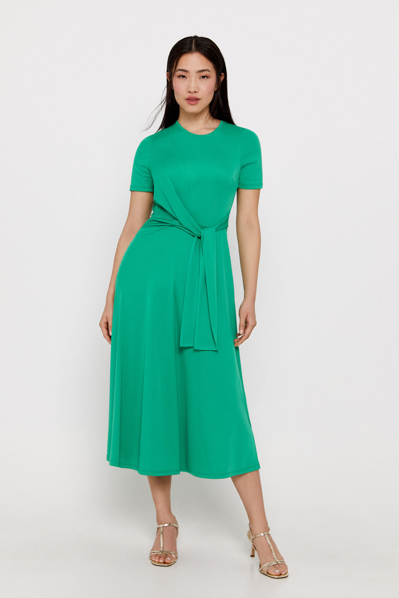 Vestido de manga curta com nó frontal - Verde escuro