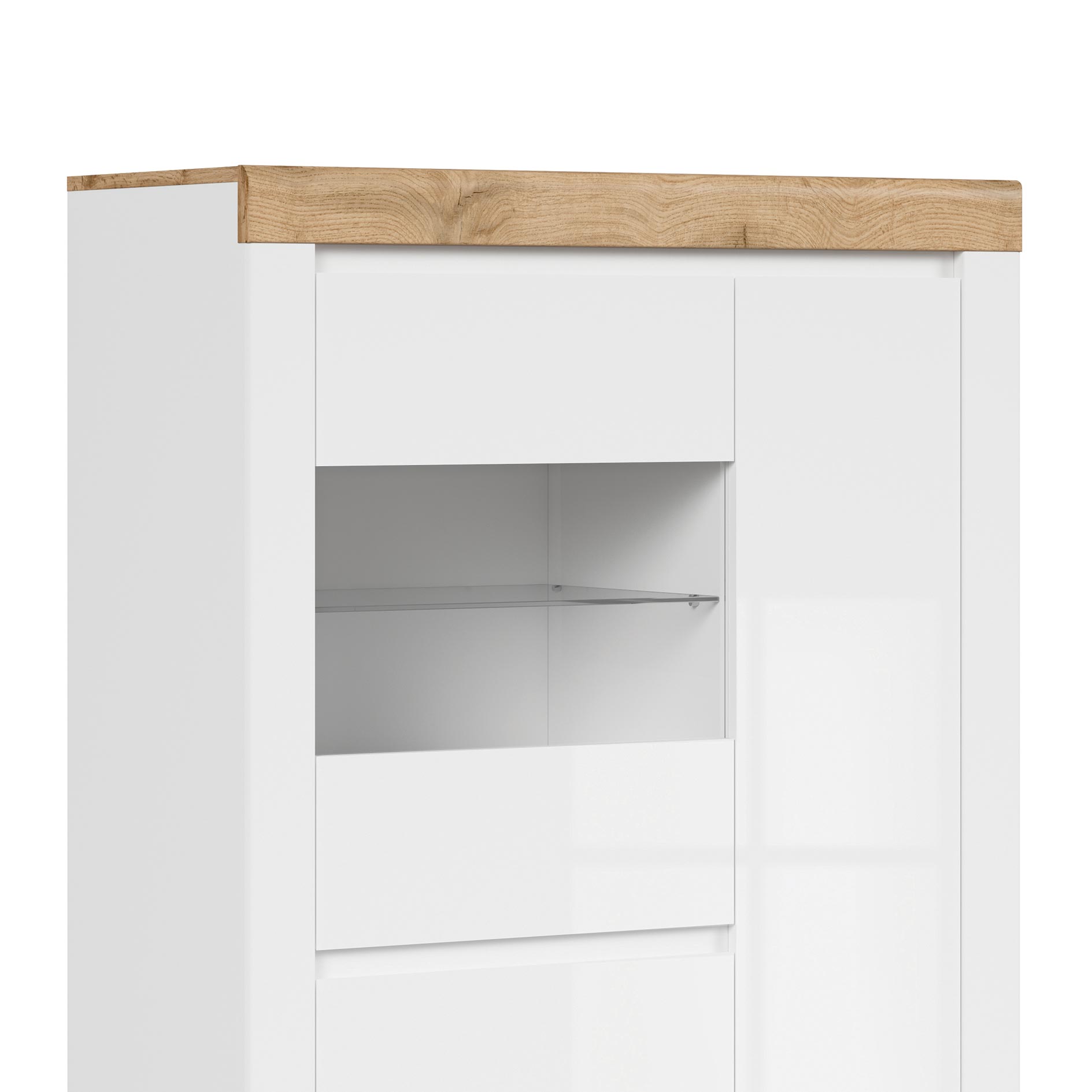 Highboardvitrine - weiß Hochglanz-Wotan Eiche - 157 cm hoch