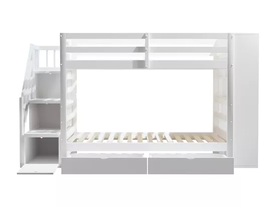 Lit superposé 90 x 200 cm avec escalier de sécurité et rangement tiroirs grands casiers clôture haute sommier à lattes en Pin Blanc