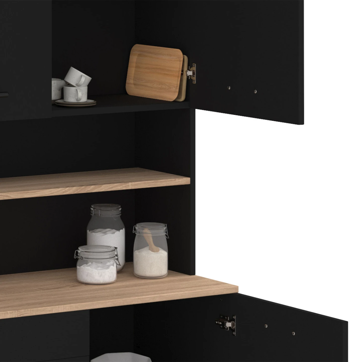 Buffet de cuisine 120 cm CINA 6 portes + tiroir noir et plateaux façon hêtre