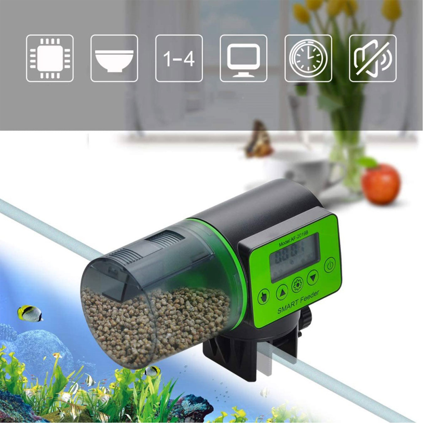 (200ml) Automatischer Fischfutter Spender Futterautomat Fish-Feeder für Aquarium (Batteriebetrieben) - Schwarz / Grün