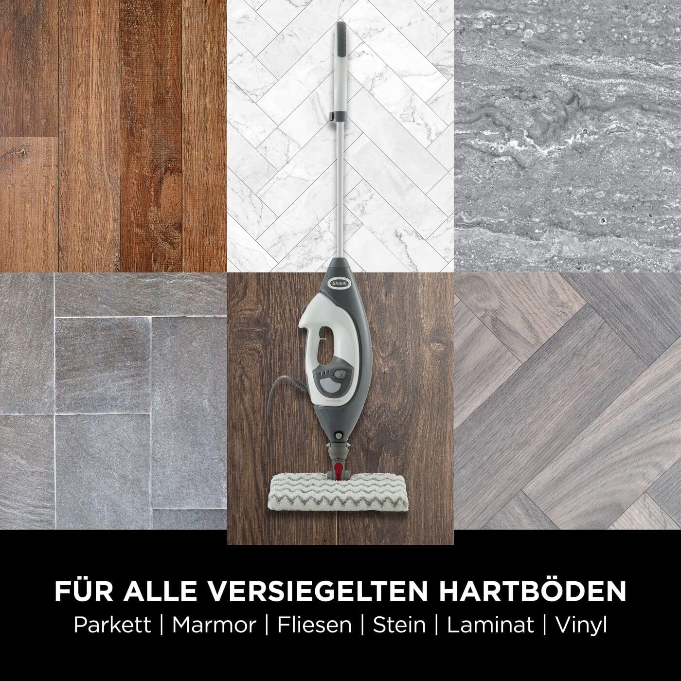 Shark Klik n' Flip Dampfreiniger, Boden- und Handreiniger, Dampfreiniger für Hartböden, Fliesen, Oberflächen, Wasserhähne und Glas, 5 Zubehörteile, 2 Einstellungen, Grau/Weiß S6005EU