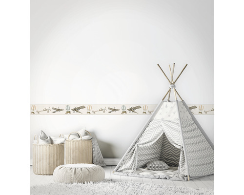 Border 45857 Kindermuren Vliegtuigen Luchtballonnen beige bruin blauw 5 m x 17,5 cm