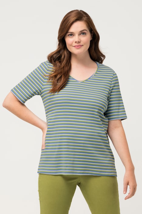T-Shirt, Rippjersey, V-Ausschnitt, Halbarm, Biobaumwolle