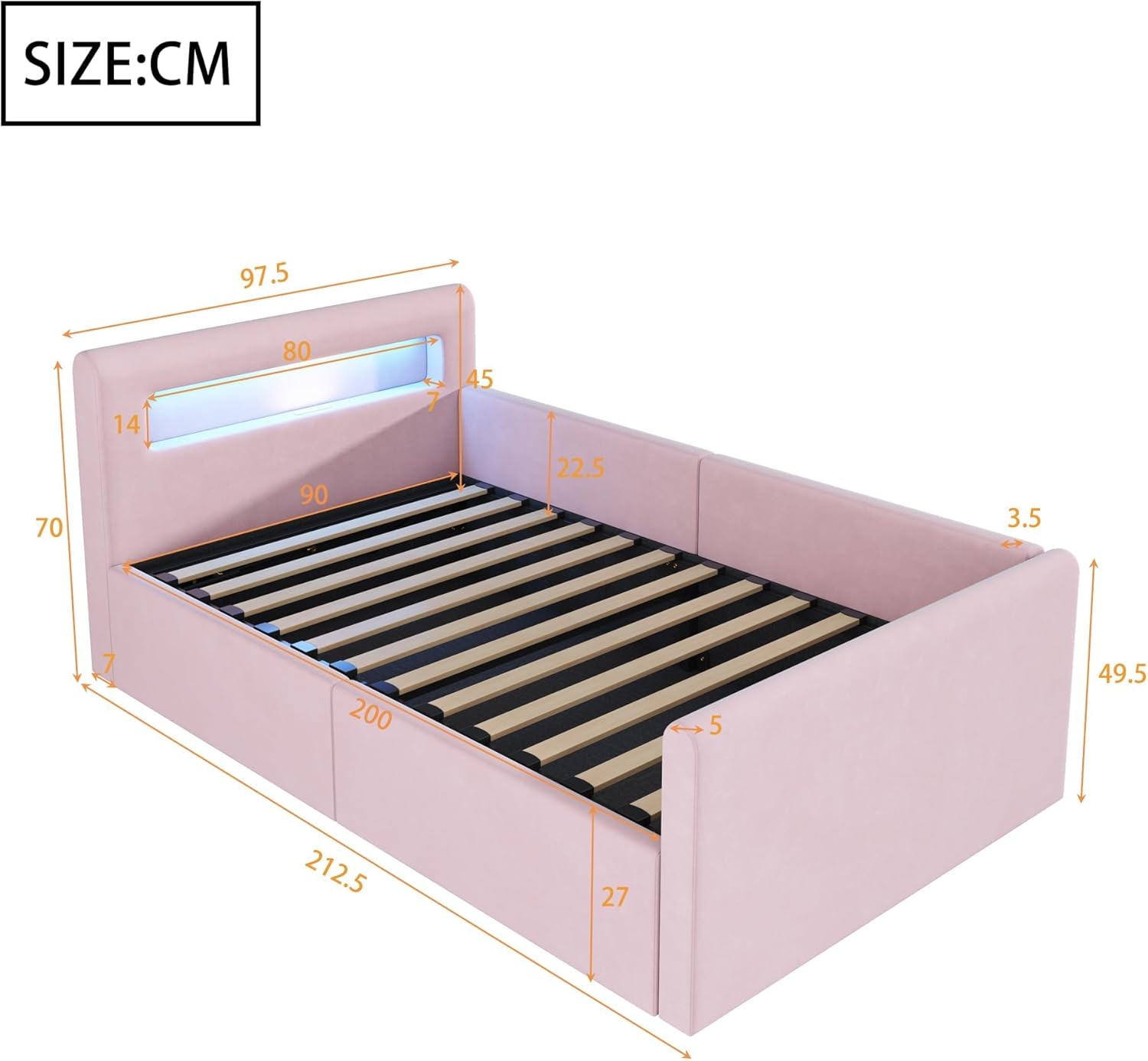 okwish Polsterbett Kinderbett 90x200 cm, Jugendbett mit hydraulischem Stauraum, LED Nachtlicht & USB-Anschluss, Samtstoff, Rosa, ohne Matratze