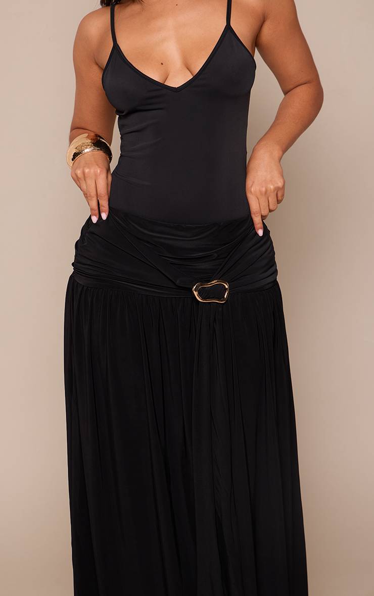 Noir Jupe Longue Fluide Satinée À Taille Froncée Avec Détail De Finition Petite