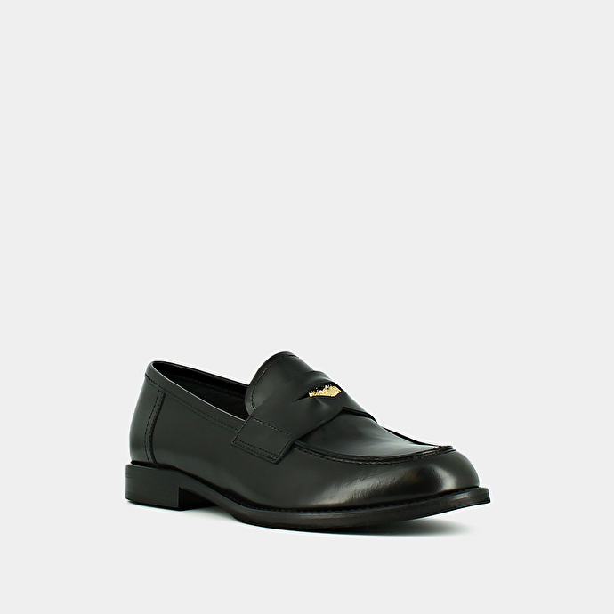 Mocassins à bouts arrondis et détails dorés  en cuir glacé noir
