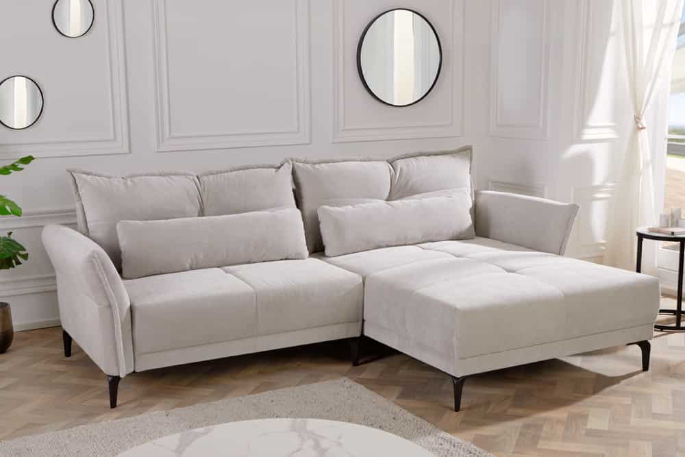 Modernes Ecksofa DESIGNO 250cm champagner beige Cord Couch inklusive Kissen Metallfüße