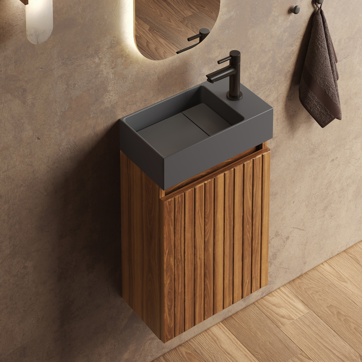 Fontana Itsie toiletmeubel walnoot ribbelfront 40cm met fontein in mat antraciet