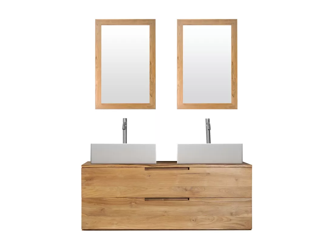 Meuble de salle de bain suspendu en teck clair avec double vasque et miroirs - 2 tiroirs - 115 cm - BIMBING