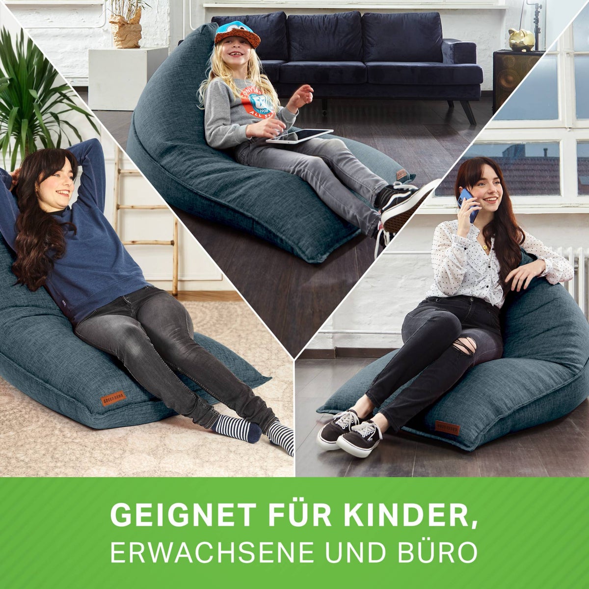 Green Bean Triangle Zitzak 150x100x100cm met 220 liter EPS-korrelvulling - Knuffelzacht en wasbaar - Binnenkussen van stof voor op de vloer, ligstoel en zitkussen - Blauw