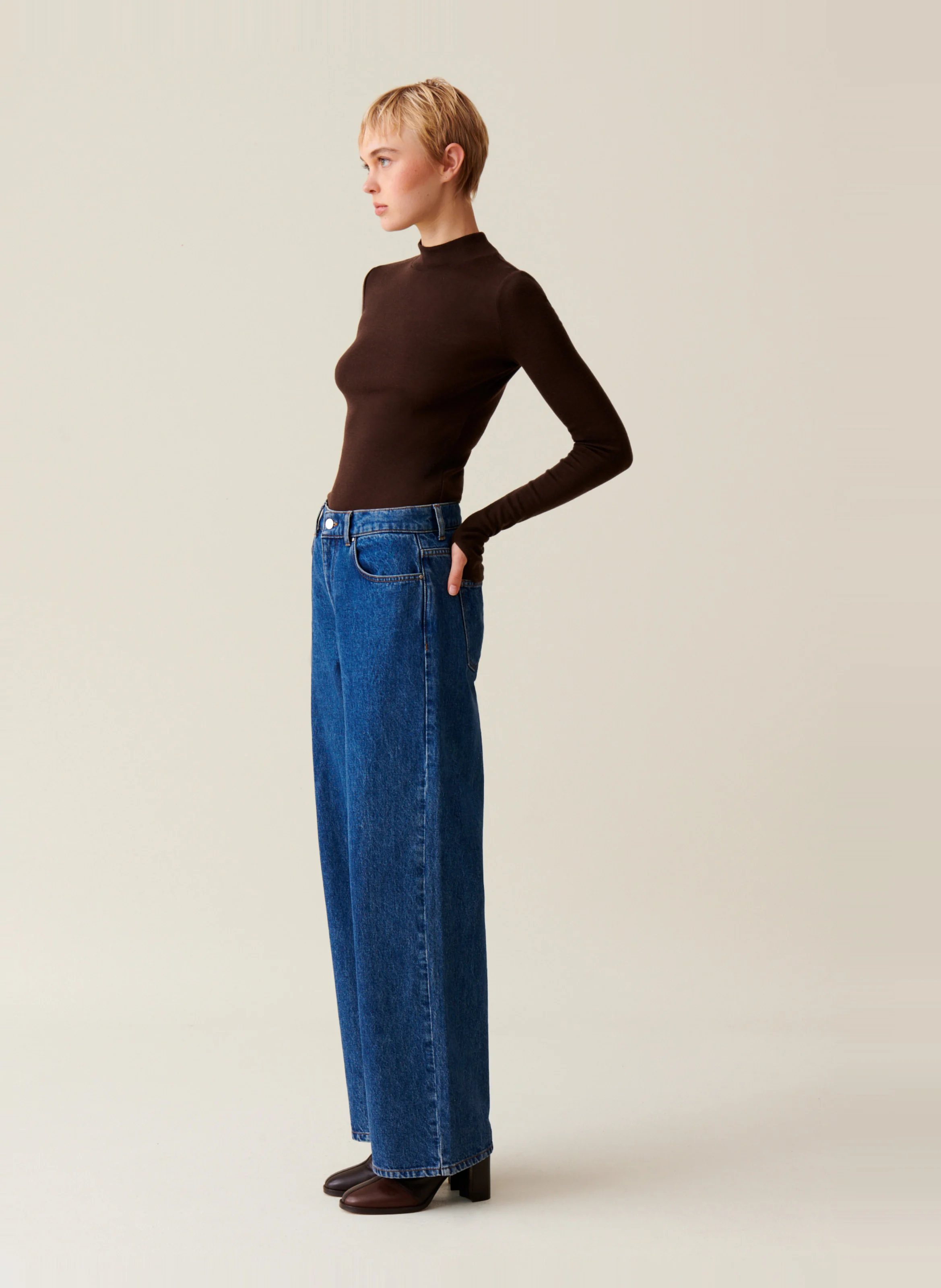 Top en laine manches longues | Marron